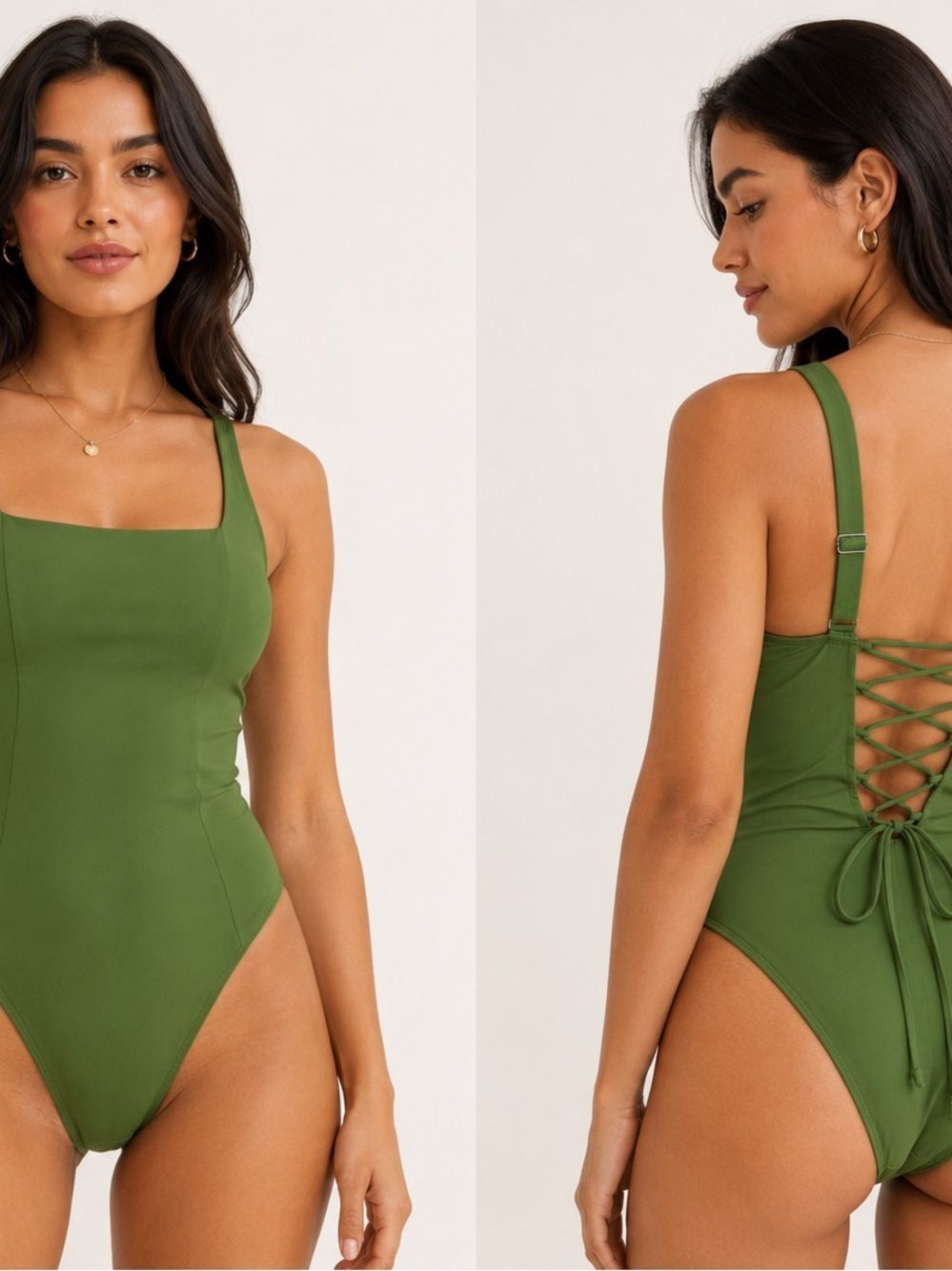 TA3 | Army Green Lace-Up Back One-Piece Swimsuit Square Neckline Women’s Size L